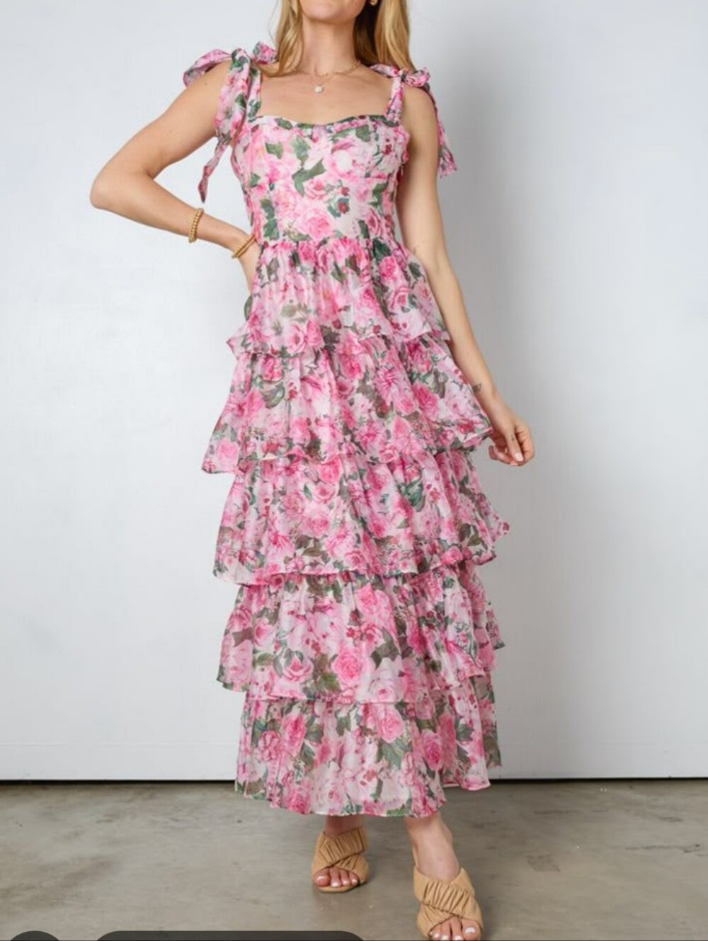 Sophie The Label, Pink Floral Tiered Sleeveless Maxi Dress, Large